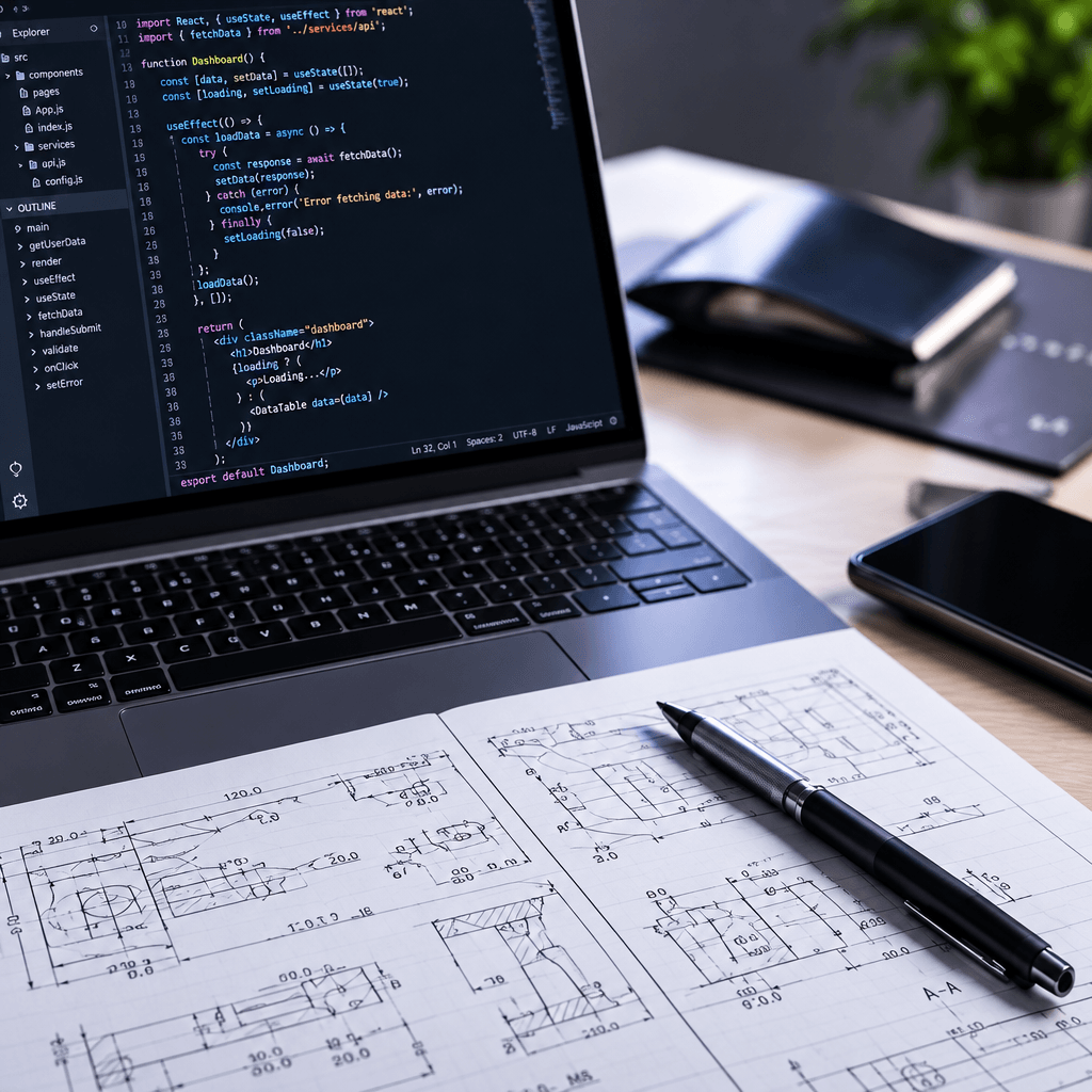 Engineer working on code next to technical drawings