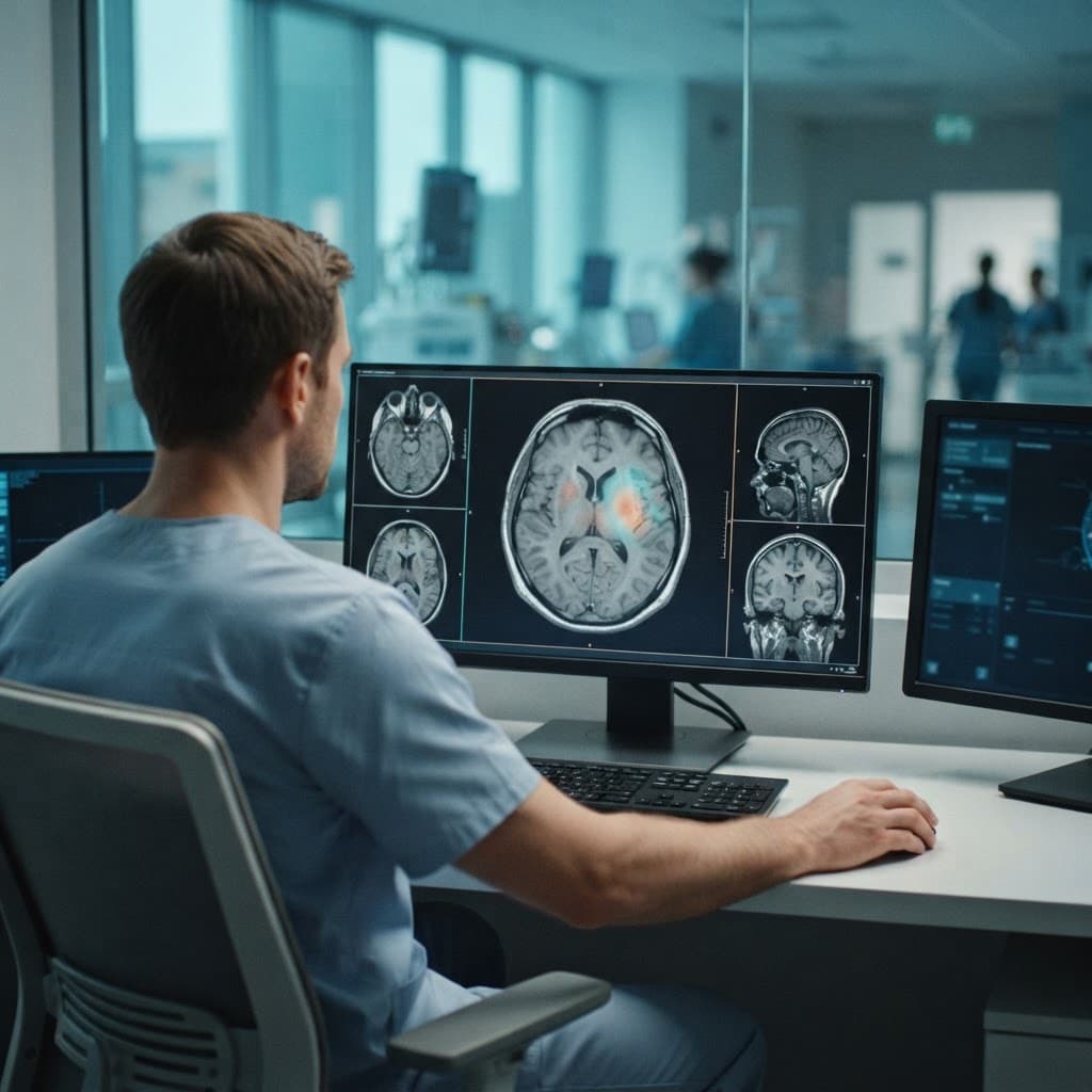 Clinician reviewing medical imaging on a monitor